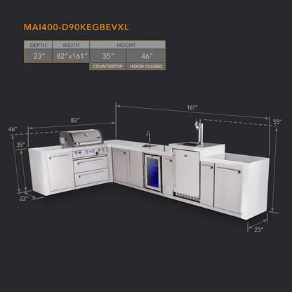 Mont Alpi 400 Deluxe BBQ Grill Island with L-Shape, Beverage Center, Kegerator & Extra Storage - MAi400-D90KEGBEVXL