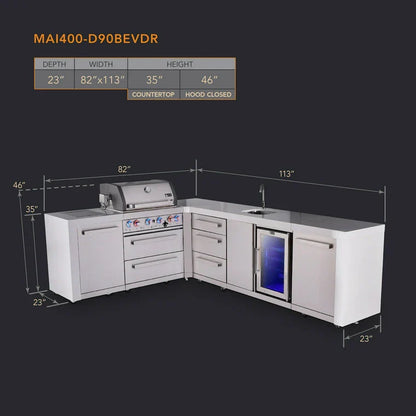 Mont Alpi 400 Deluxe BBQ Grill Island with L-Shape, Beverage Center & Extra Drawer Storage - MAi400-D90BEVDR