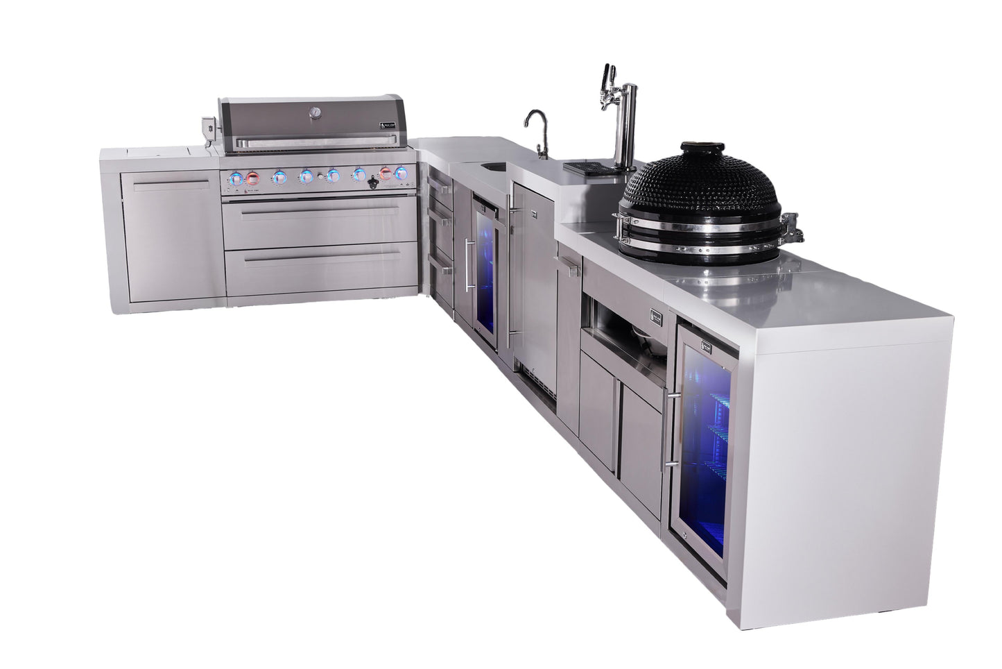Mont Alpi 805 Deluxe BBQ Grill Island with L-Shape, Beverage Center, Kegerator, Kamado Module, Extra Drawer Storage & Fridge - MAi805-D90KEGBEVFCKAMDR
