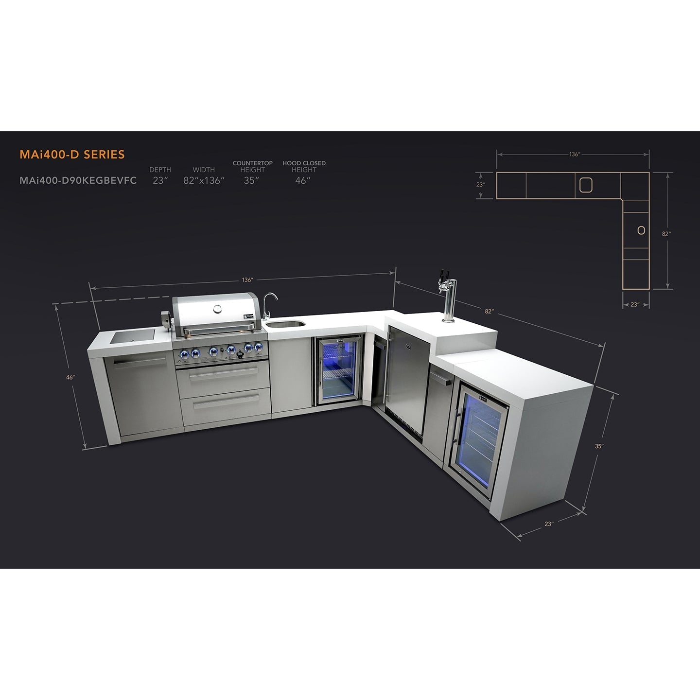 Mont Alpi 400 Deluxe BBQ Grill Island with L-Shape, Kegerator, Beverage Center & Fridge Cabinet - MAi400-D90KEGBEVFC