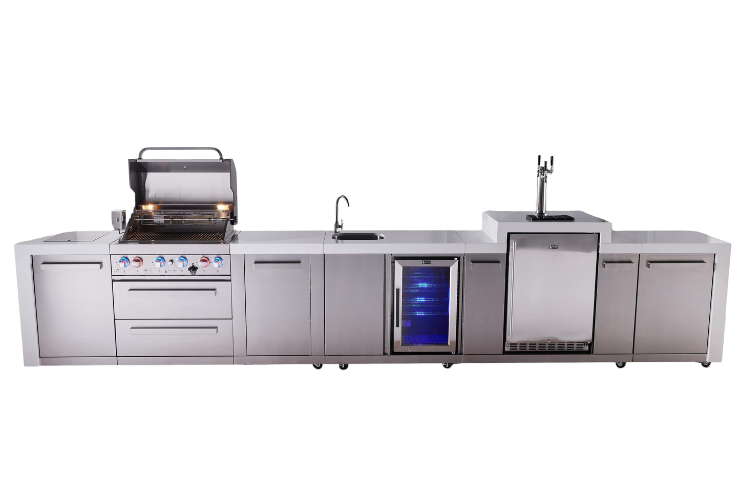 Mont Alpi 400 Deluxe BBQ Grill Island with L-Shape, Beverage Center, Kegerator & Extra Storage - MAi400-DKEGBEVXL