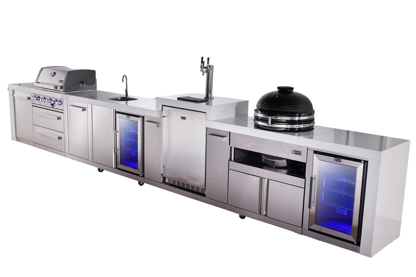 Mont Alpi 400 Deluxe BBQ Grill Island with Beverage Center, Kegerator, Kamado Module, Extra Storage & Fridge - MAi400-DKEGBEVFCKAMXL