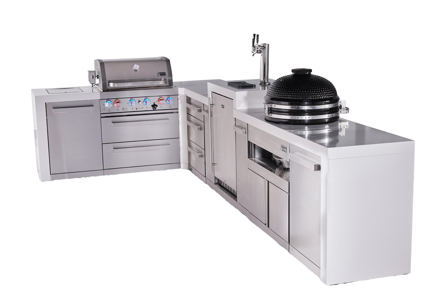 Mont Alpi 400 Deluxe BBQ Grill Island with L-Shape, Kegerator, Kamado Module, & Extra Drawer Storage - MAi400-D90KEGKAMDR