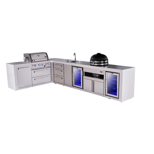 Mont Alpi 400 Deluxe BBQ Grill Island with L-Shape, Beverage Center, Kamado Module, Extra Drawer Storage & Fridge - MAi400-D90BEVFCKAMDR
