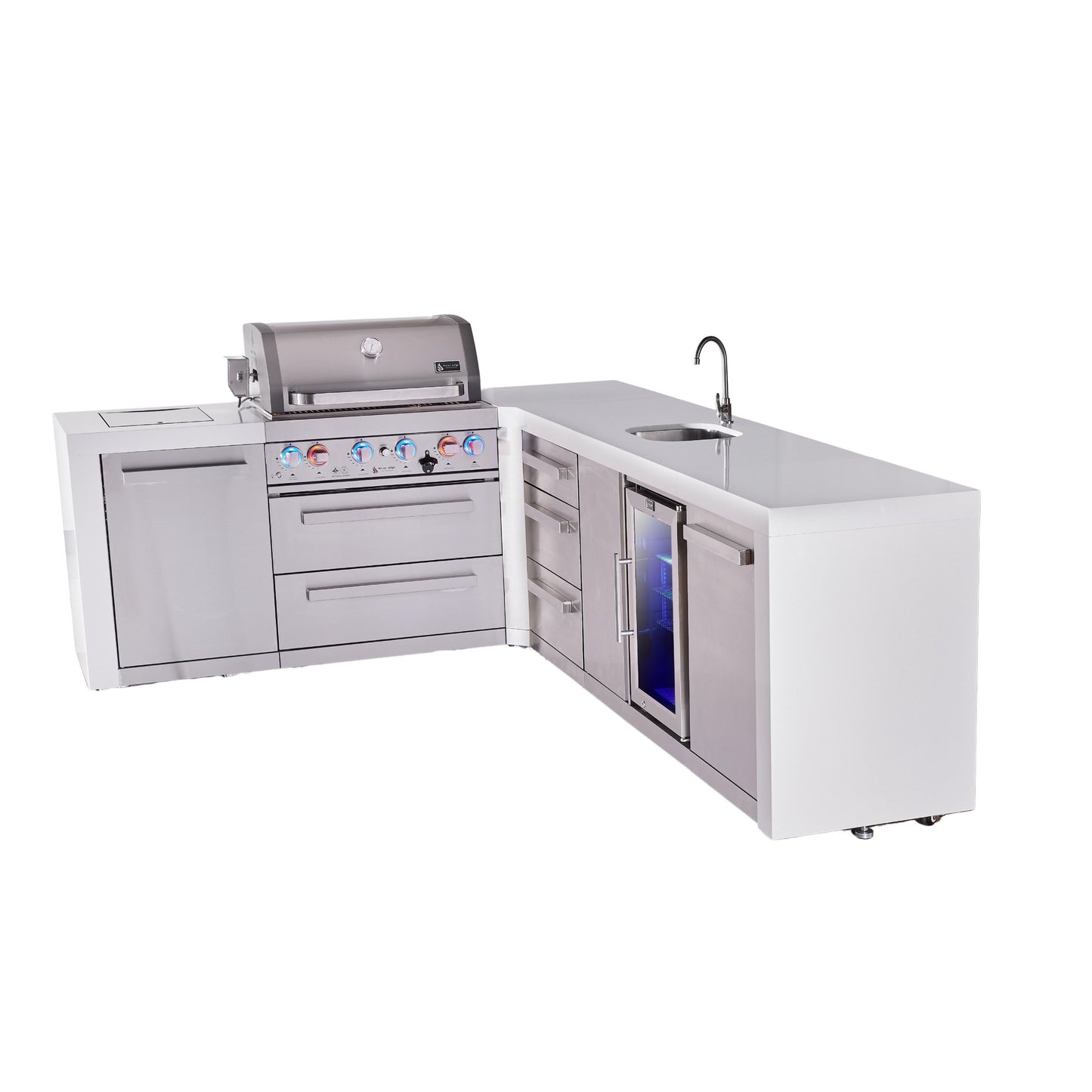 Mont Alpi 400 Deluxe BBQ Grill Island with L-Shape, Beverage Center & Extra Drawer Storage - MAi400-D90BEVDR