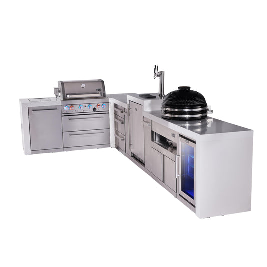 Mont Alpi 400 Deluxe BBQ Grill Island with L-Shape, Kegerator, Kamado Module, Extra Drawer Storage & Fridge - MAi400-D90KEGFCKAMDR