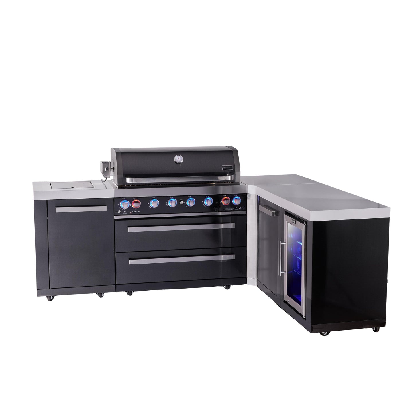 Mont Alpi 805 Black Stainless Steel BBQ Grill Island with L-Shape, Extra Storage & Fridge - MAi805-BSS90FCXL