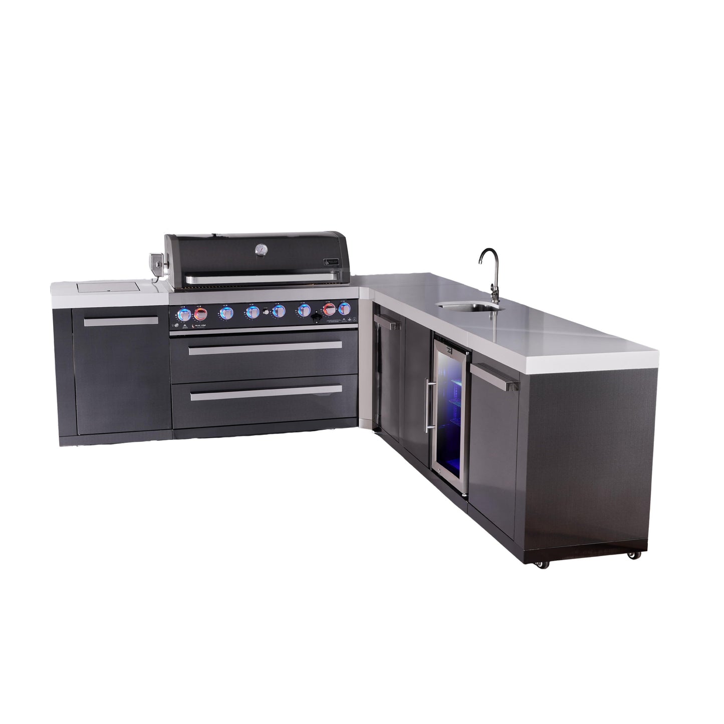 Mont Alpi 805 Black Stainless Steel BBQ Grill Island with L-Shape, Beverage Center & Extra Storage - MAi805-BSS90BEVXL