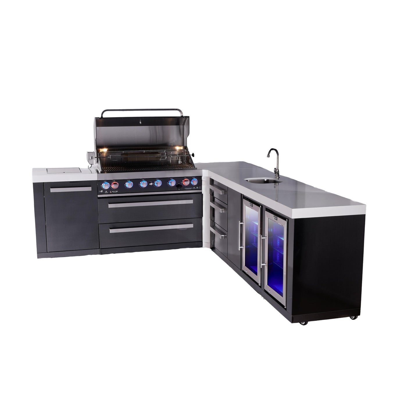 Mont Alpi 805 Black Stainless Steel BBQ Grill Island with L-Shape, Beverage Center, Extra Drawer Storage & Fridge - MAi805-BSS90BEVFCDR (PREORDER - Est. Ship Date Dec 15)