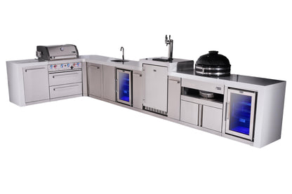 Mont Alpi 400 Deluxe BBQ Grill Island with L-Shape, Beverage Center, Kegerator, Kamado Module, Extra Storage & Fridge - MAi400-D90KEGBEVFCKAMXL