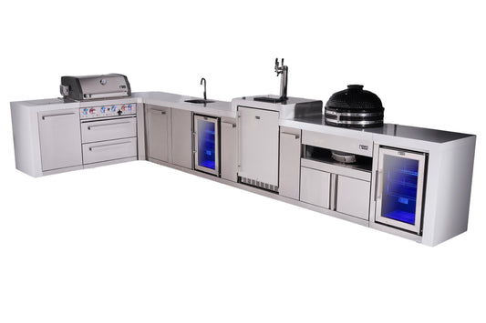 Mont Alpi 400 Deluxe BBQ Grill Island with L-Shape, Beverage Center, Kegerator, Kamado Module, Extra Storage & Fridge - MAi400-D90KEGBEVFCKAMXL