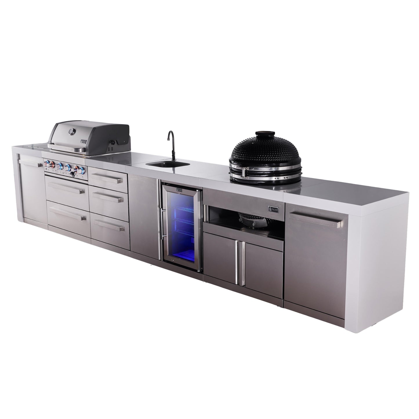 Mont Alpi 400 Deluxe BBQ Grill Island with Beverage Center, Kamado & Extra Drawer Storage - MAi400-DBEVKAMDR
