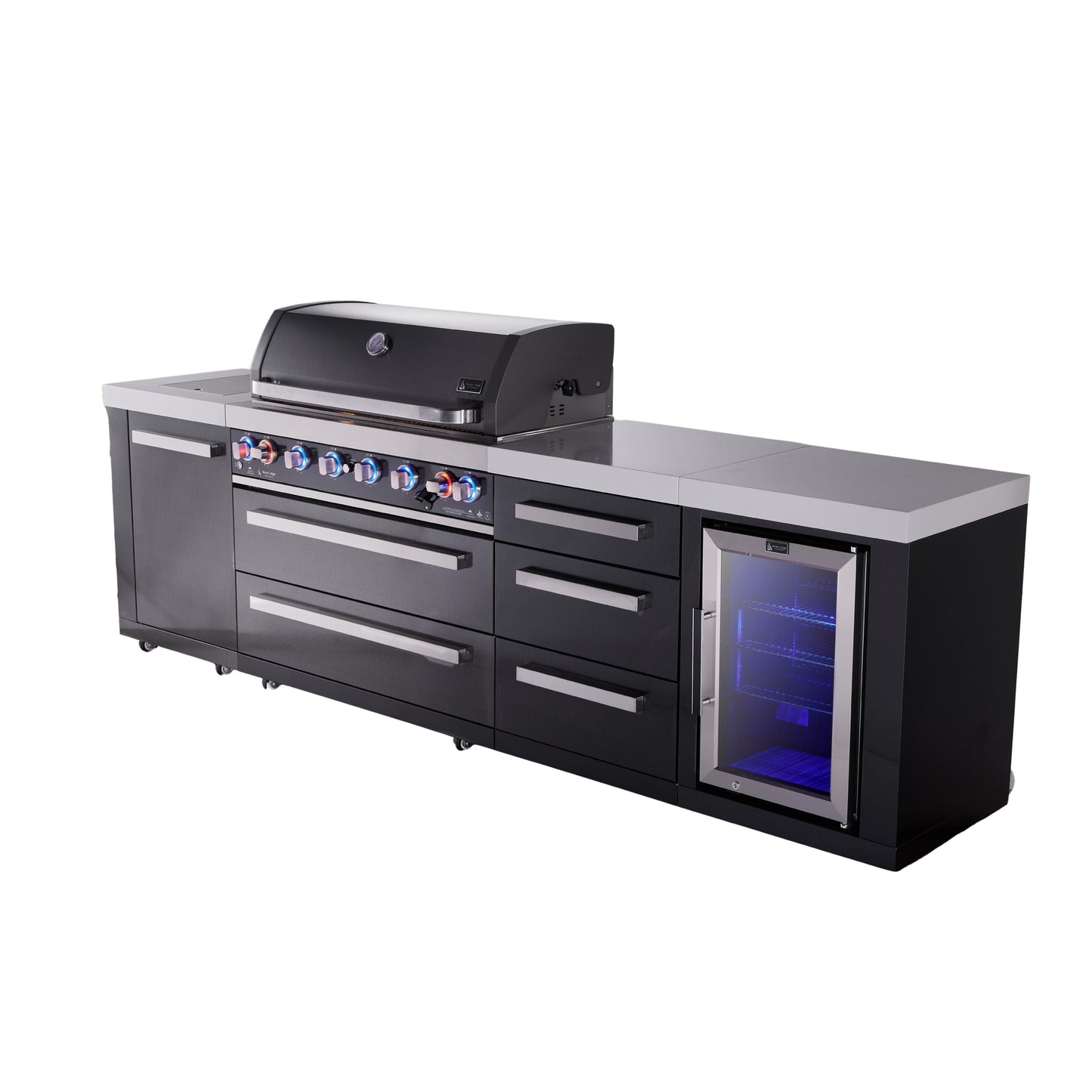 Mont Alpi 805 Black Stainless Steel BBQ Grill Island with Extra Drawer Storage & Fridge - MAi805-BSSDRFC (PREORDER - Est. Ship Date Dec 15)