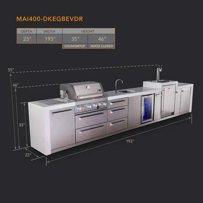 Mont Alpi 400 Deluxe BBQ Grill Island with Beverage Center, Kegerator & Extra Drawer Storage - MAi400-DKEGBEVDR