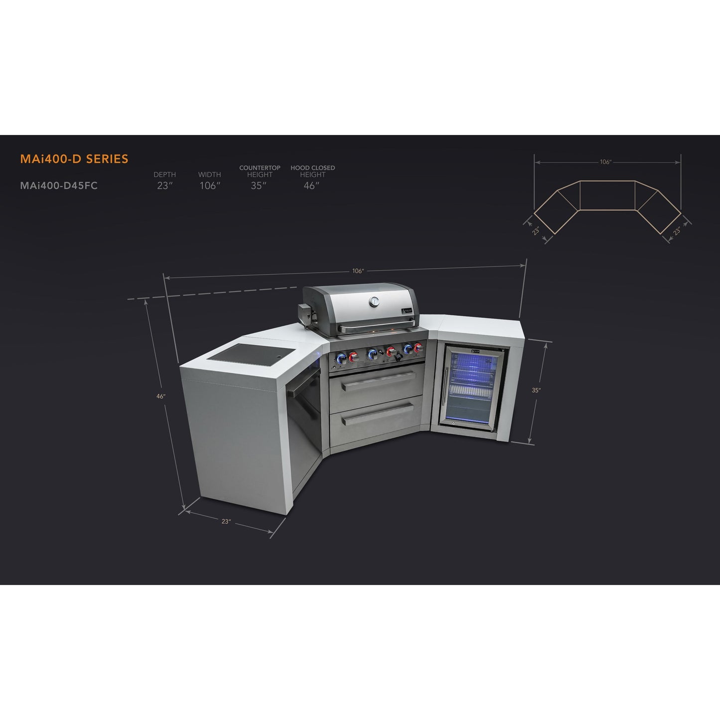 Mont Alpi 400 Deluxe BBQ Grill Island with V-Shape & Fridge Cabinet - MAi400-D45FC