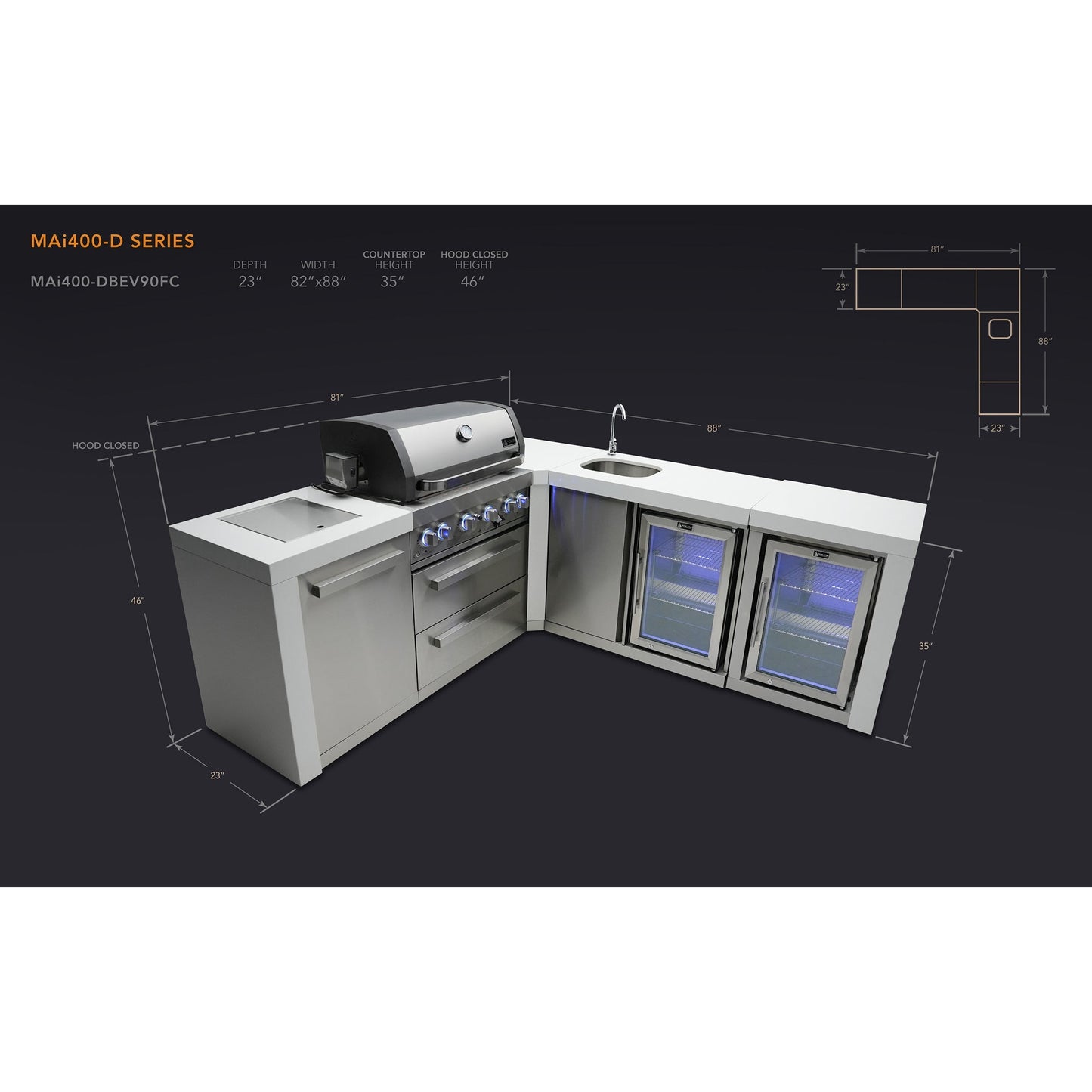 Mont Alpi 400 Deluxe BBQ Grill Island with L-Shape, Beverage Center & Fridge - MAi400-D90BEVFC