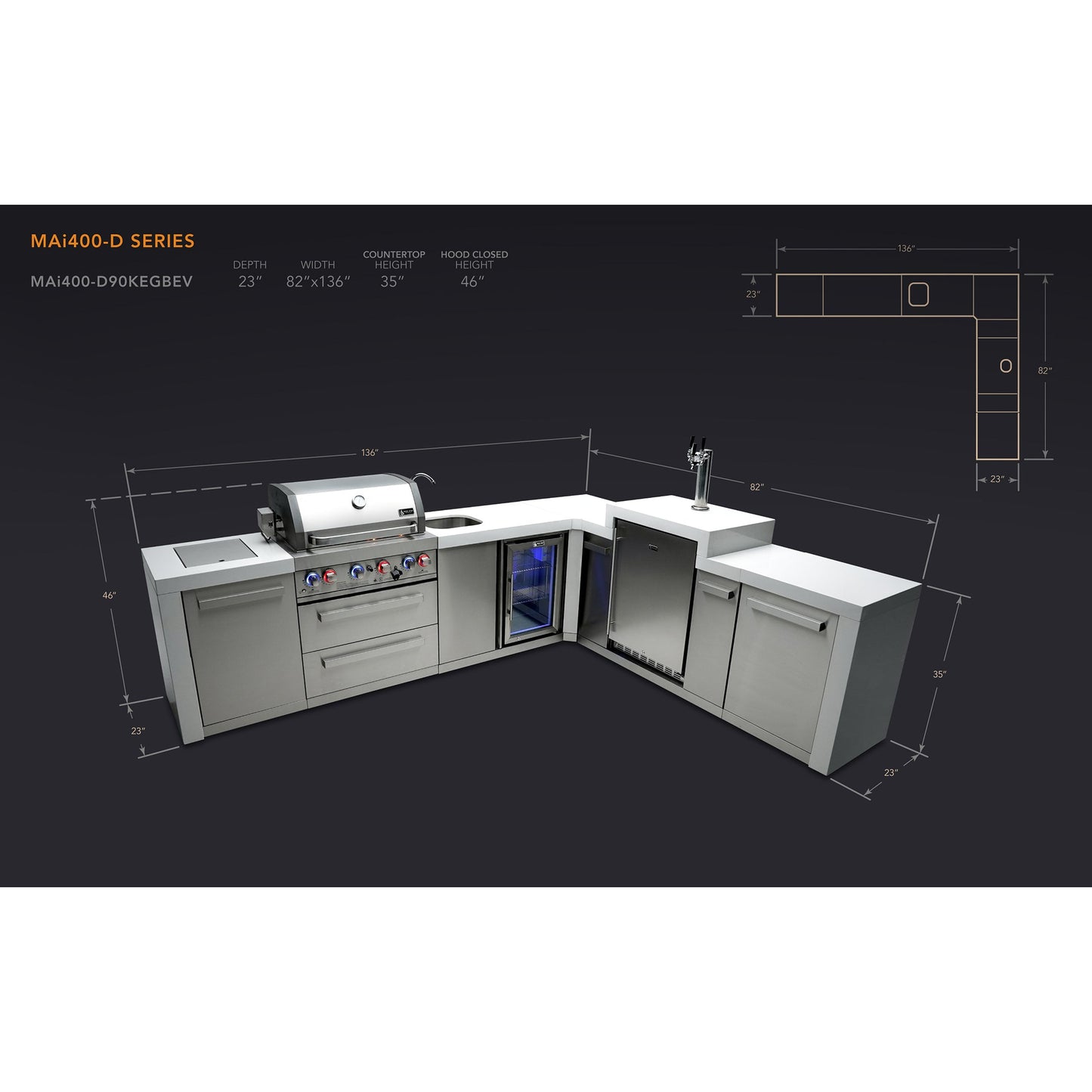 Mont Alpi 400 Deluxe BBQ Grill Island with L-Shape, Kegerator & Beverage Center - MAI400-D90KEGBEV