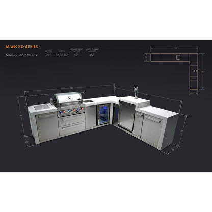 Mont Alpi 400 Deluxe BBQ Grill Island with L-Shape, Kegerator & Beverage Center - MAI400-D90KEGBEV