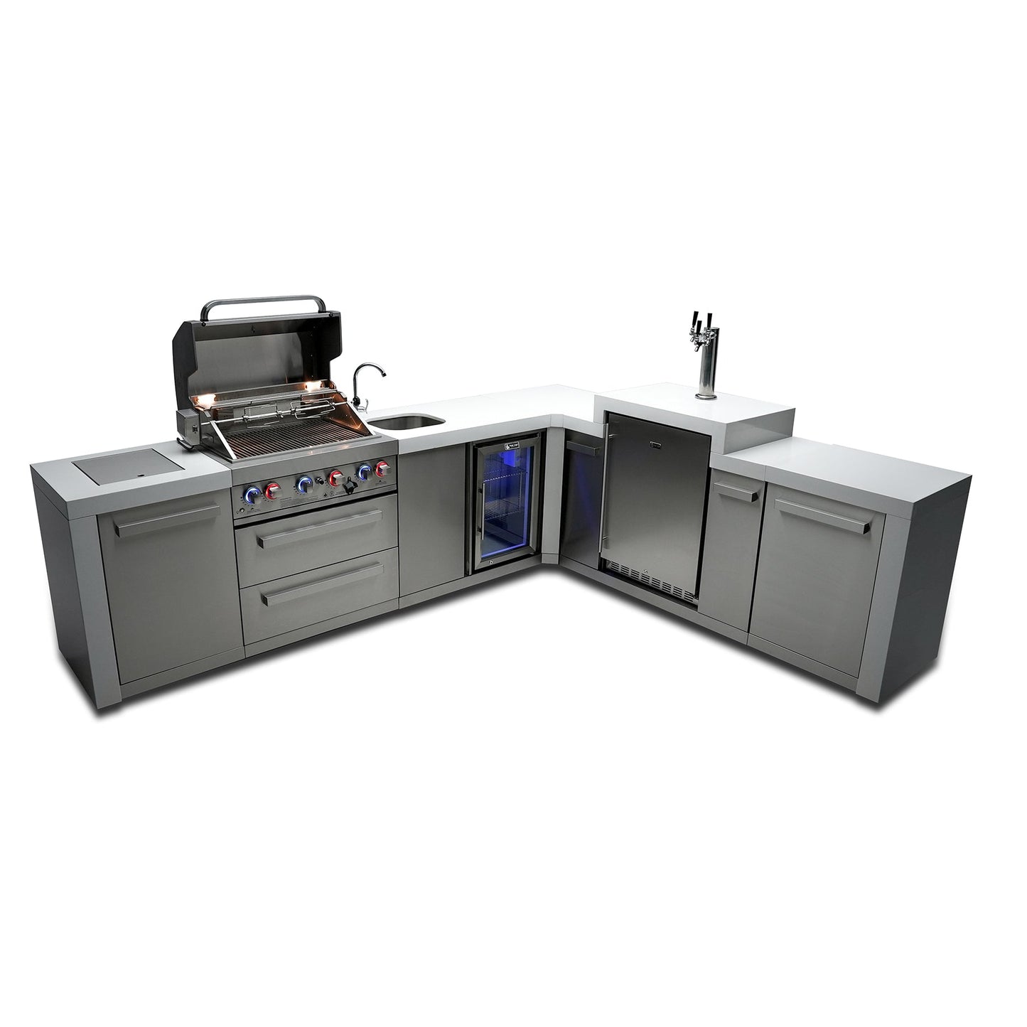 Mont Alpi 400 Deluxe BBQ Grill Island with L-Shape, Kegerator & Beverage Center - MAI400-D90KEGBEV