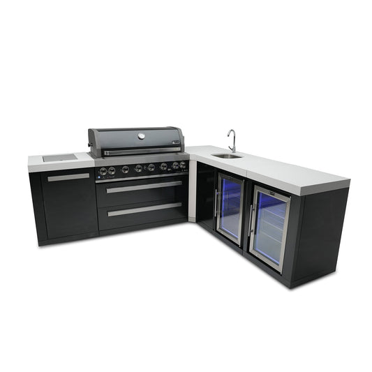 Mont Alpi 805 Black Stainless Steel BBQ Grill Island with L-Shape, Beverage Center & Fridge Cabinet - MAi805-BSS90BEVFC
