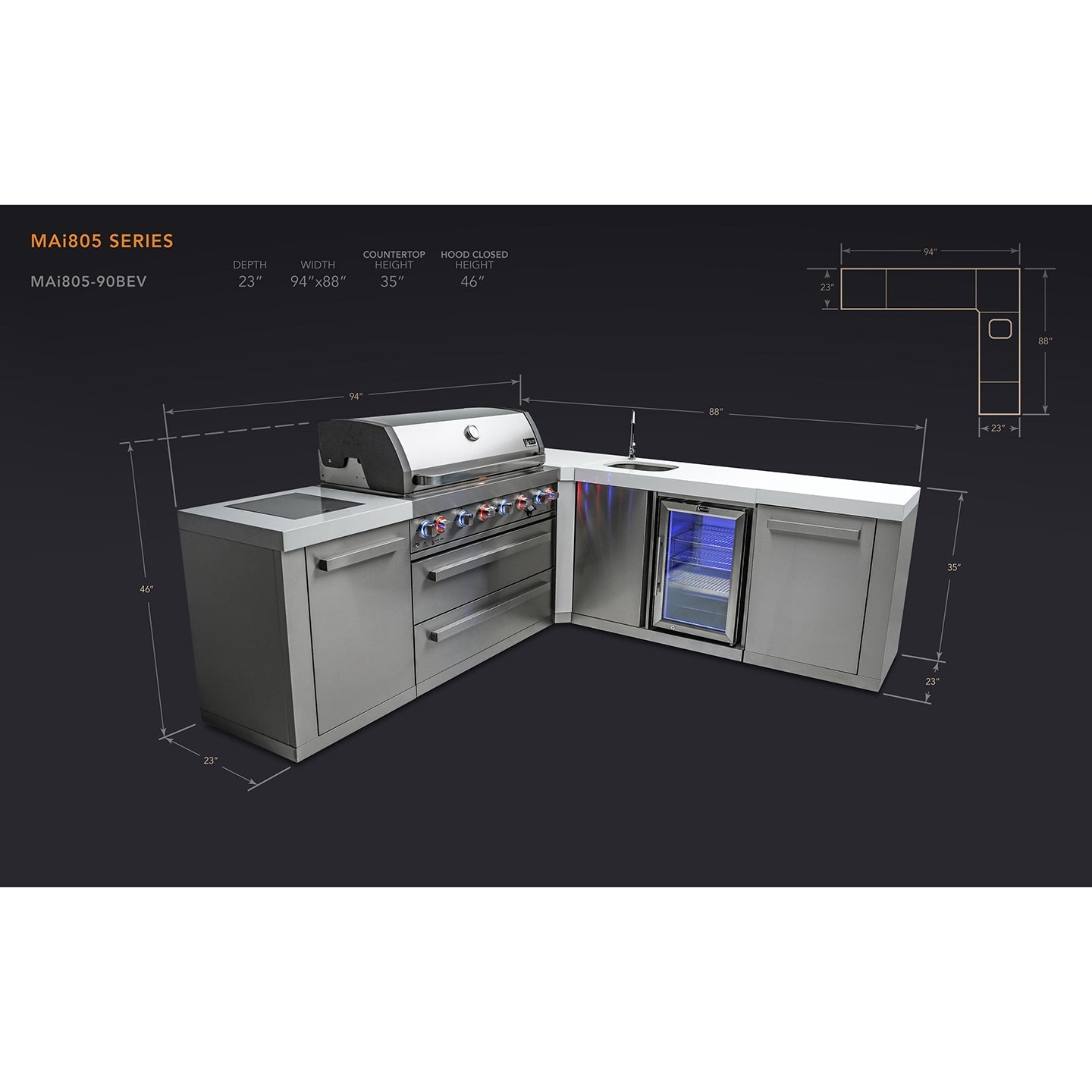 Mont Alpi 805 BBQ Grill Island with L-Shape & Beverage Center - MAi805-90BEV