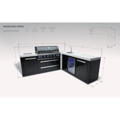 Mont Alpi 805 Black Stainless Steel BBQ Grill Island with L-Shape & Beverage Center - MAi805-BSS90BEV