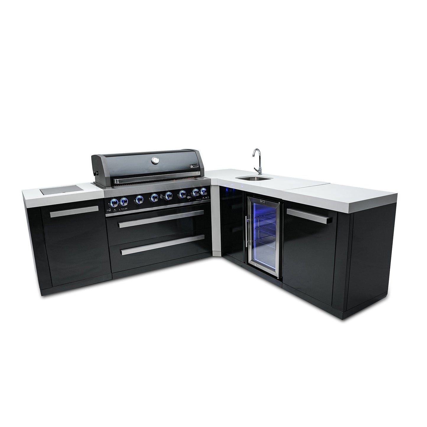 Mont Alpi 805 Black Stainless Steel BBQ Grill Island with L-Shape & Beverage Center - MAi805-BSS90BEV