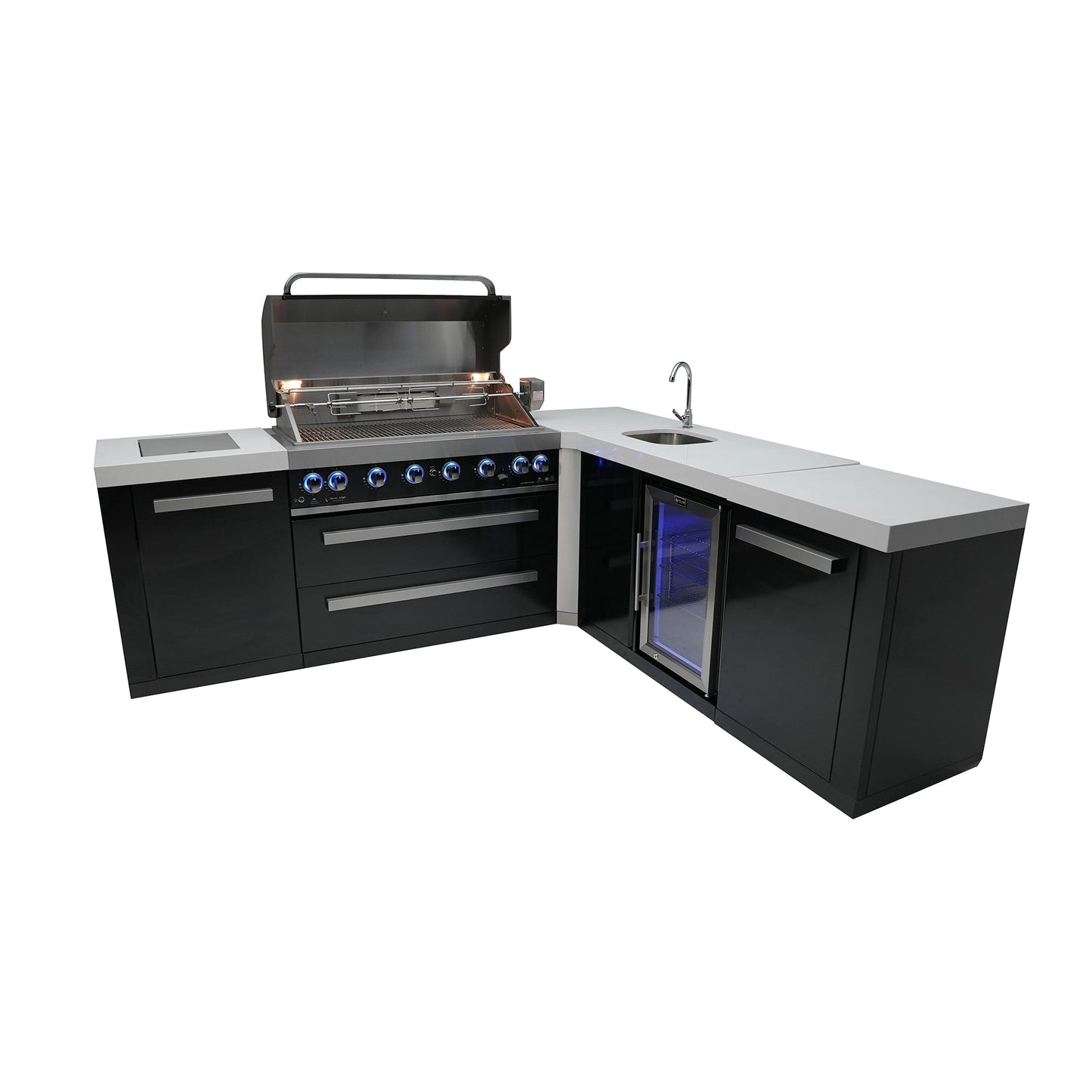 Mont Alpi 805 Black Stainless Steel BBQ Grill Island with L-Shape & Beverage Center - MAi805-BSS90BEV