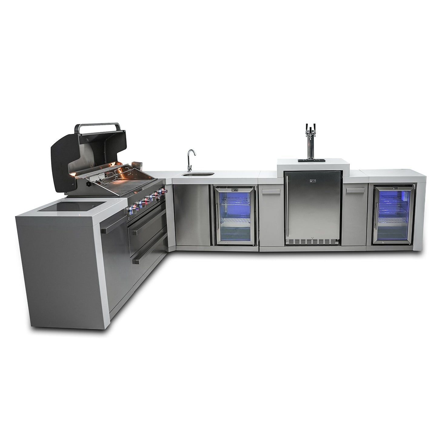 Mont Alpi 805 Deluxe BBQ Grill Island with L-Shape, Kegerator, Beverage Center & Fridge Cabinet - MAi805-D90KEGBEVFC