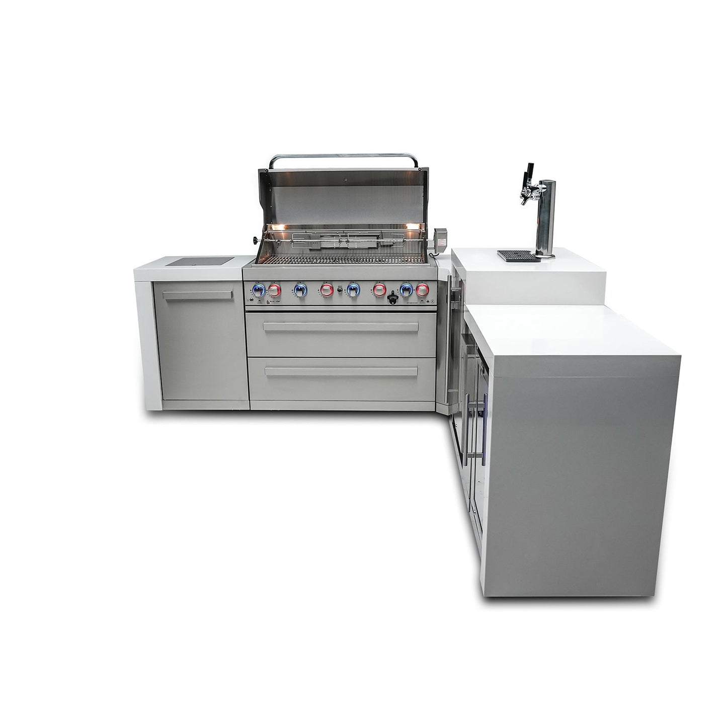 Mont Alpi 805 Deluxe BBQ Grill Island with L-Shape, Kegerator & Fridge Cabinet - MAi805-D90KEGFC