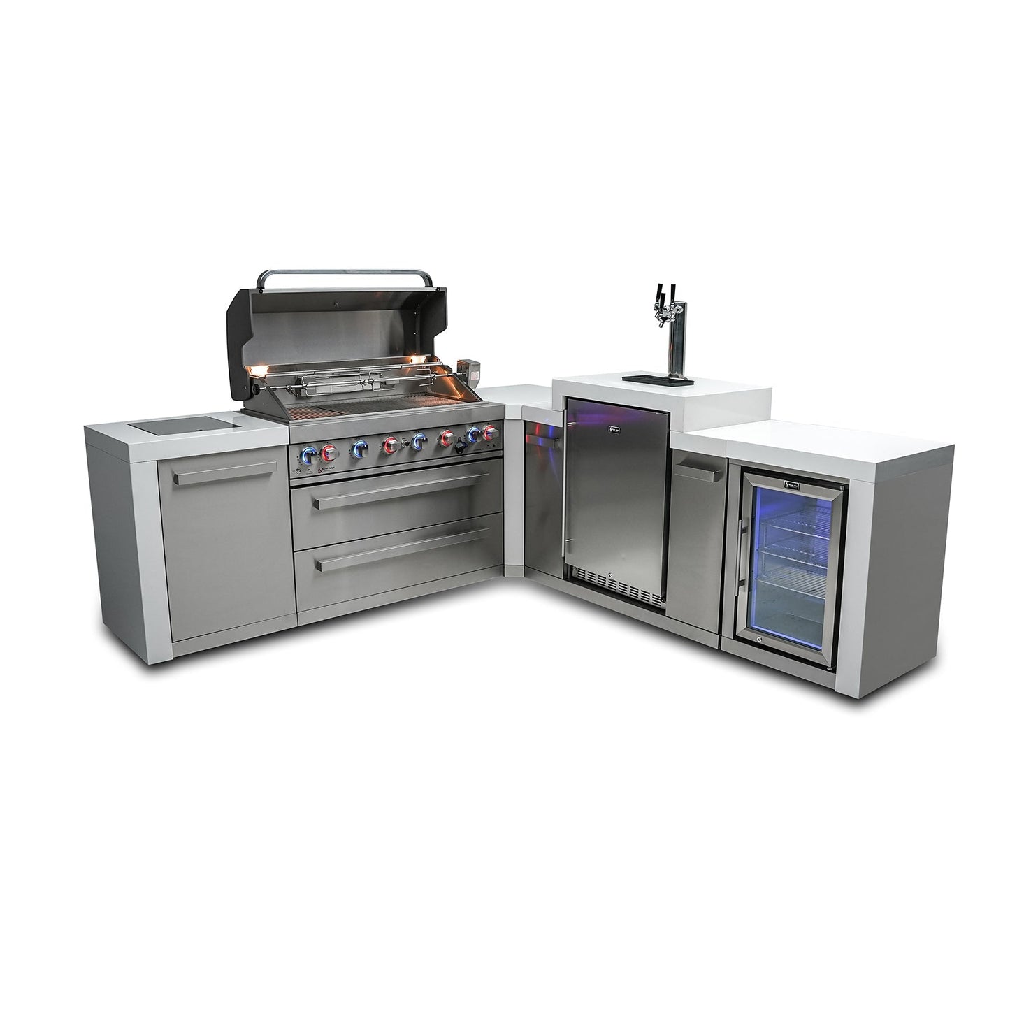 Mont Alpi 805 Deluxe BBQ Grill Island with L-Shape, Kegerator & Fridge Cabinet - MAi805-D90KEGFC