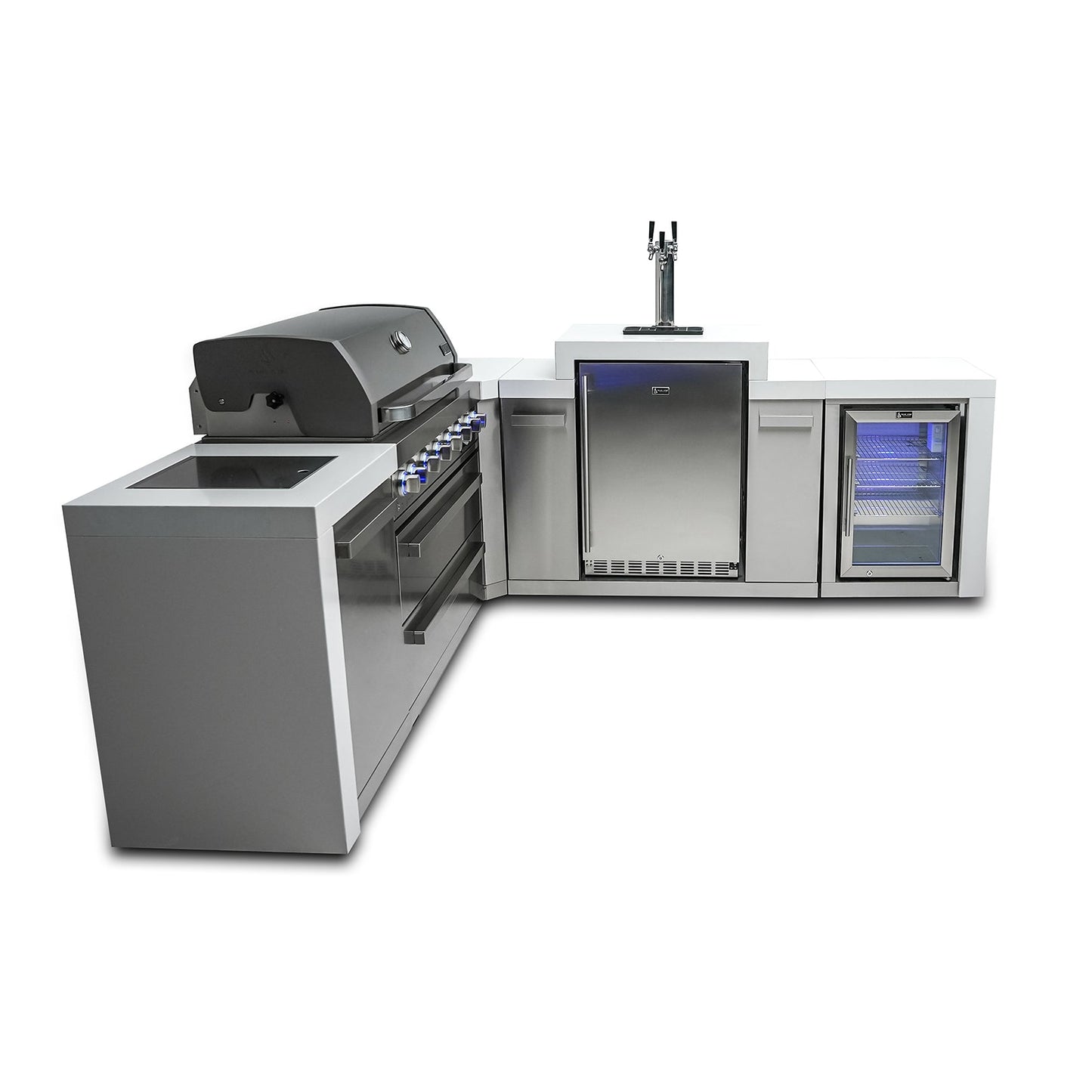 Mont Alpi 805 Deluxe BBQ Grill Island with L-Shape, Kegerator & Fridge Cabinet - MAi805-D90KEGFC