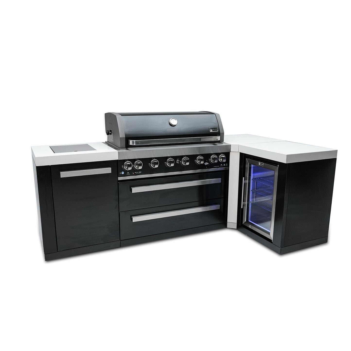 Mont Alpi 805 Black Stainless Steel BBQ Grill Island with L-Shape & Fridge Cabinet - MAi805-BSS90FC