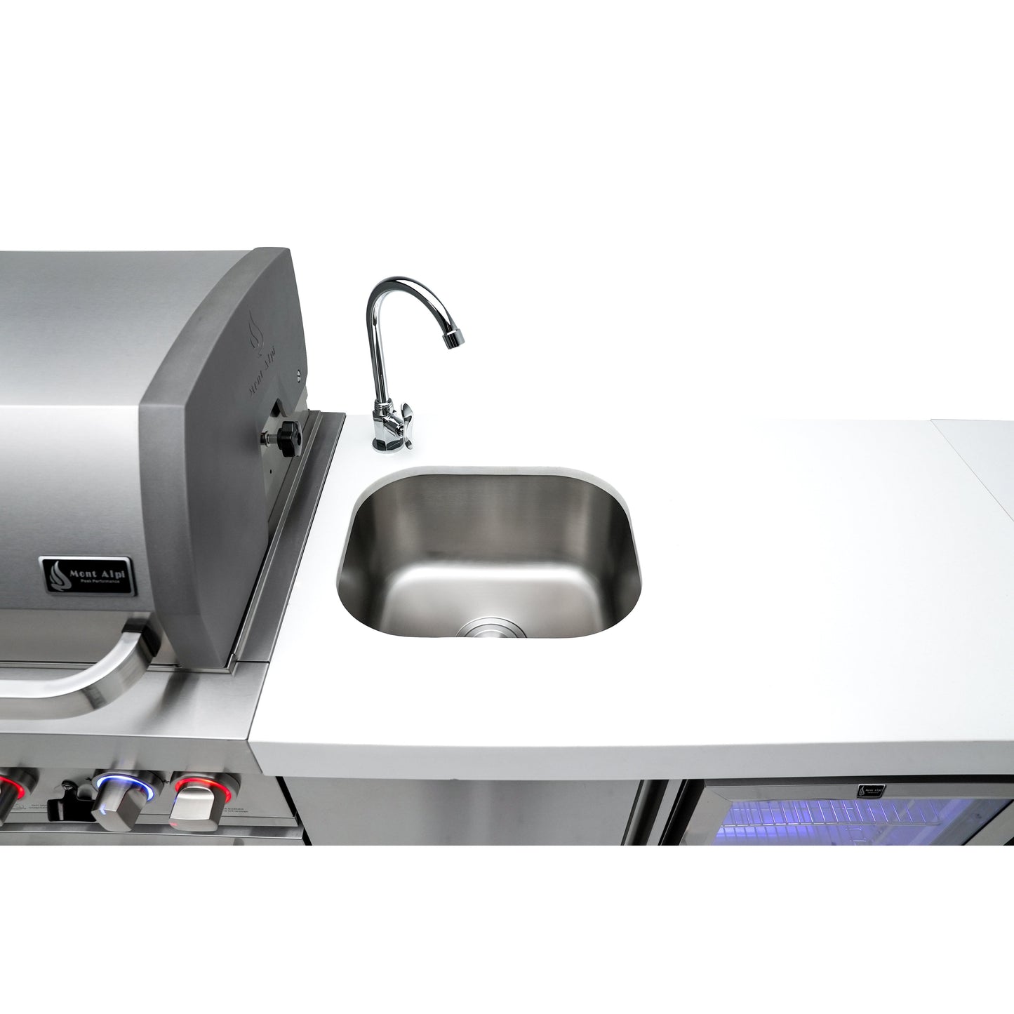 Mont Alpi 400 Deluxe BBQ Grill Island with L-Shape, Beverage Center, Kegerator, Kamado Module & Extra Drawer Storage - MAi400-D90KEGBEVKAMDR