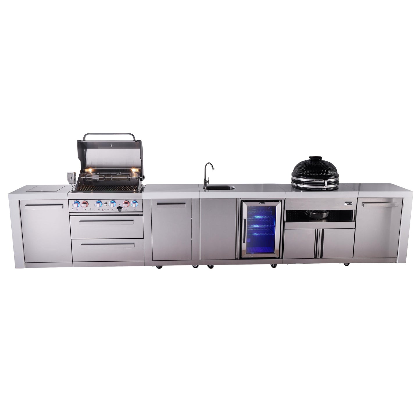 Mont Alpi 400 Deluxe BBQ Grill Island with Beverage Center, Kamado Module & Extra Storage - MAi400-DBEVKAMXL