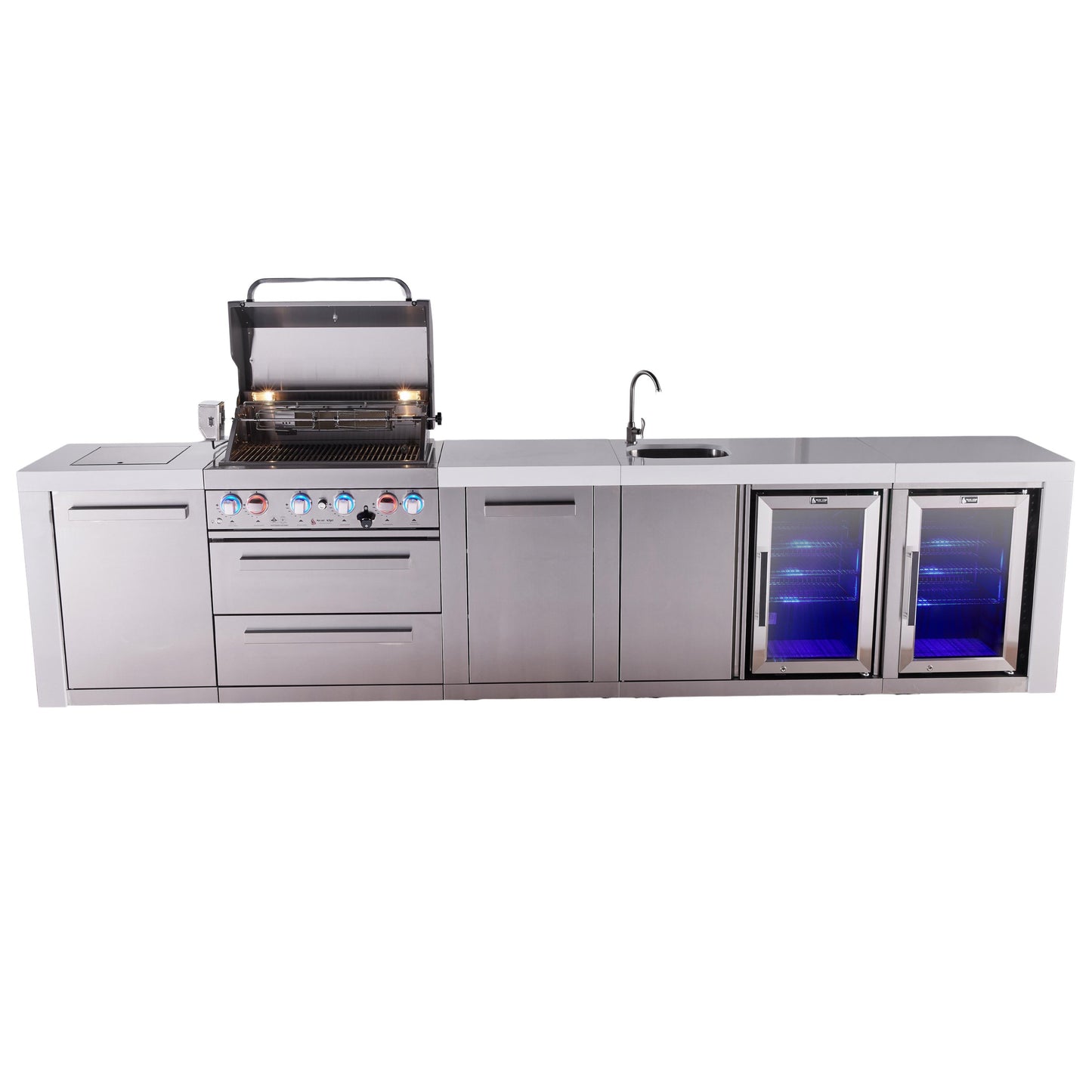 Mont Alpi 400 Deluxe BBQ Grill Island with Beverage Center, Extra Storage & Fridge - MAi400-DBEVFCXL