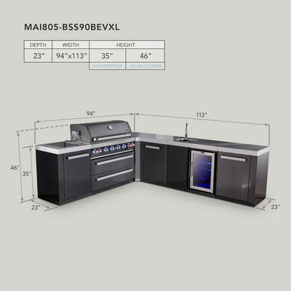 Mont Alpi 805 Black Stainless Steel BBQ Grill Island with L-Shape, Beverage Center & Extra Storage - MAi805-BSS90BEVXL
