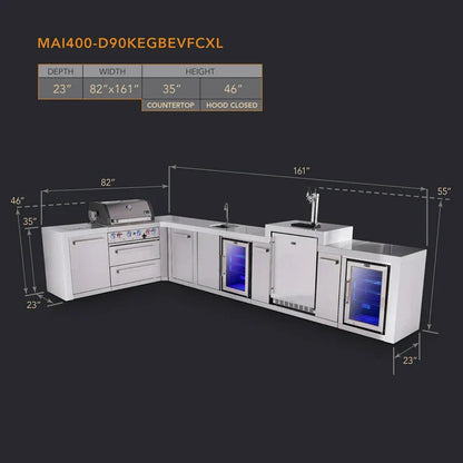 Mont Alpi 400 Deluxe BBQ Grill Island with L-Shape, Beverage Center, Kegerator, Extra Storage & Fridge - MAi400-D90KEGBEVFCXL