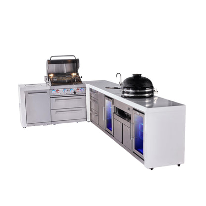 Mont Alpi 400 Deluxe BBQ Grill Island with L-Shape, Beverage Center, Kamado Module, Extra Drawer Storage & Fridge - MAi400-D90BEVFCKAMDR