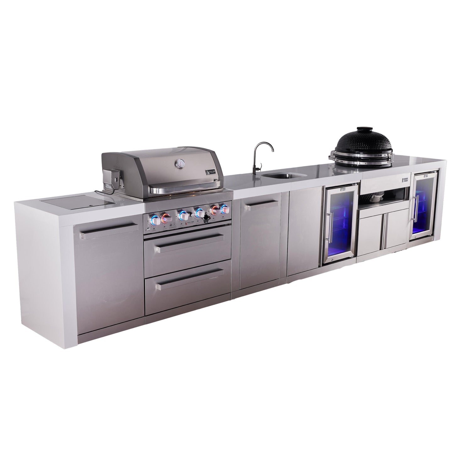 Mont Alpi 400 Deluxe BBQ Grill Island with Beverage Center, Kamado Module, Extra Storage & Fridge - MAi400-DBEVFCKAMXL