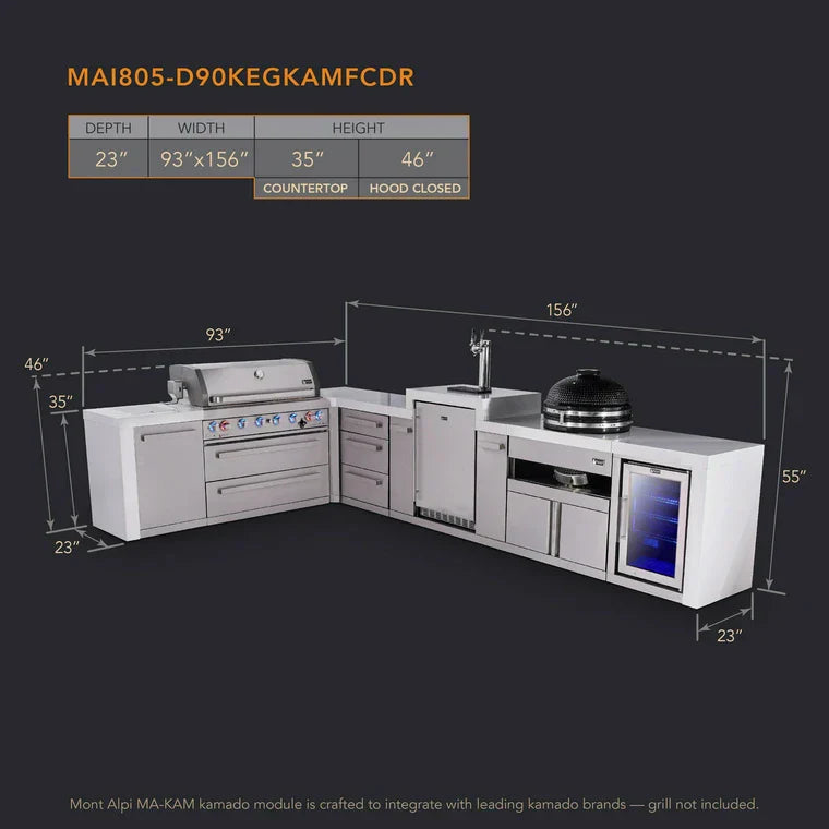 Mont Alpi 805 Deluxe BBQ Grill Island with L-Shape, Kegerator, Kamado Module, Extra Drawer Storage & Fridge - MAi805-D90KEGFCKAMDR